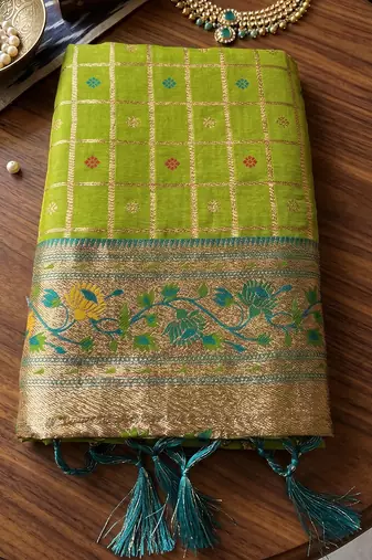 Olive green banarasi silk blend saree with paithani floral pallu