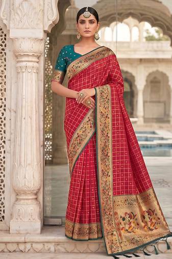 Red banarasi silk blend saree with paithani floral pallu