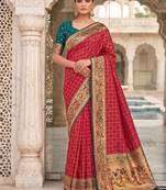 Red banarasi silk blend saree with paithani floral pallu