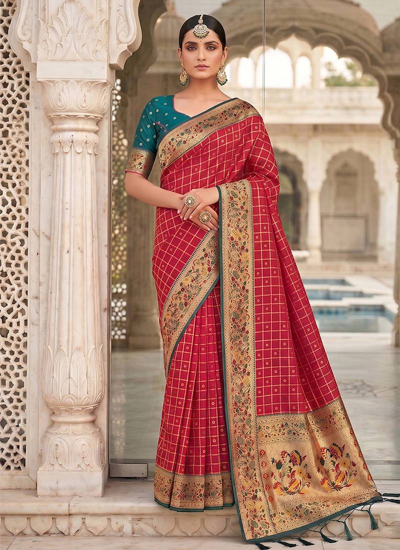 Red banarasi silk blend saree with paithani floral pallu
