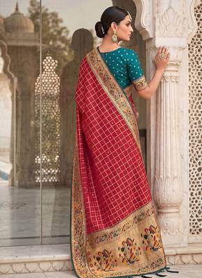 Red banarasi silk blend saree with paithani floral pallu 2