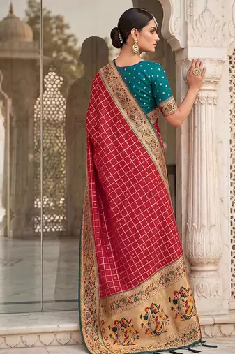 Red banarasi silk blend saree with paithani floral pallu