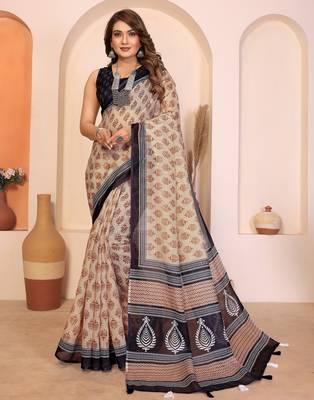 Soft linen cotton printed saree
with cotton tassles on pallu 
matching blouse 1