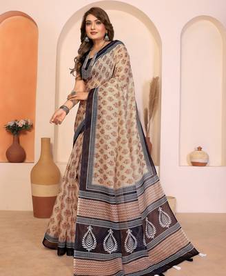 Soft linen cotton printed saree
with cotton tassles on pallu 
matching blouse 2