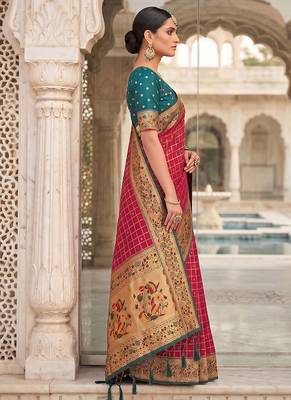 Red banarasi silk blend saree with paithani floral pallu 3