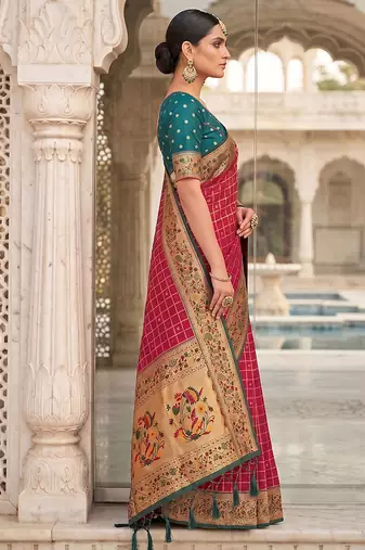 Red banarasi silk blend saree with paithani floral pallu
