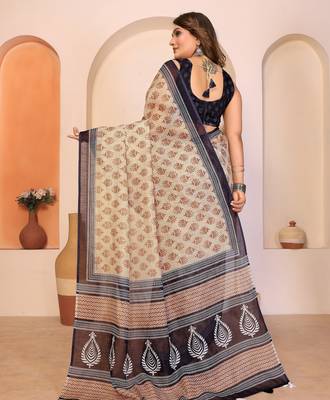 Soft linen cotton printed saree
with cotton tassles on pallu 
matching blouse 3
