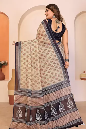 Soft linen cotton printed saree
with cotton tassles on pallu 
matching blouse