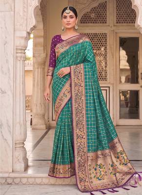 Teal banarasi silk blend saree with paithani floral pallu 1