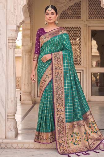Teal banarasi silk blend saree with paithani floral pallu
