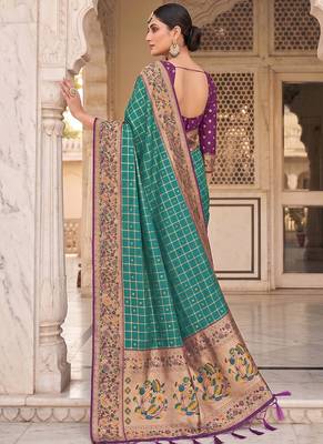 Teal banarasi silk blend saree with paithani floral pallu 2