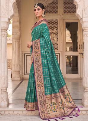 Teal banarasi silk blend saree with paithani floral pallu 3