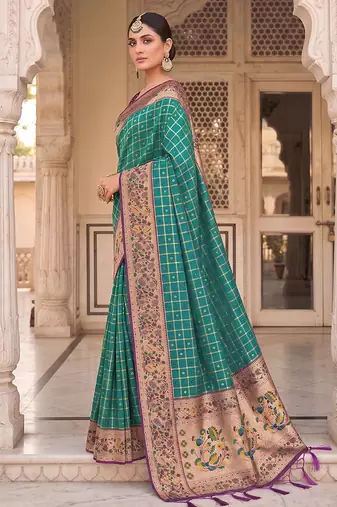 Teal banarasi silk blend saree with paithani floral pallu
