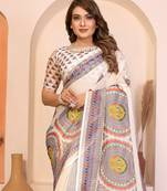 Soft linen cotton printed saree
with cotton tassles on pallu 
matching blouse