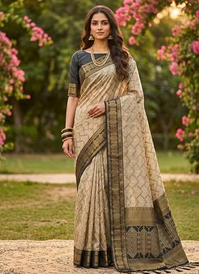 Beige cotton-silk blend saree with contrast black zari border 1