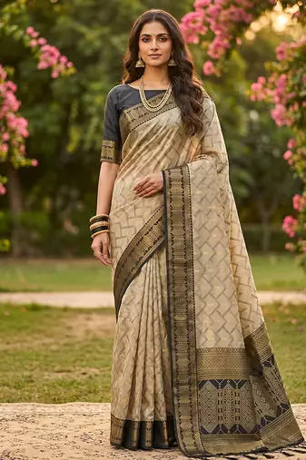 Beige cotton-silk blend saree with contrast black zari border