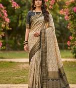 Beige cotton-silk blend saree with contrast black zari border