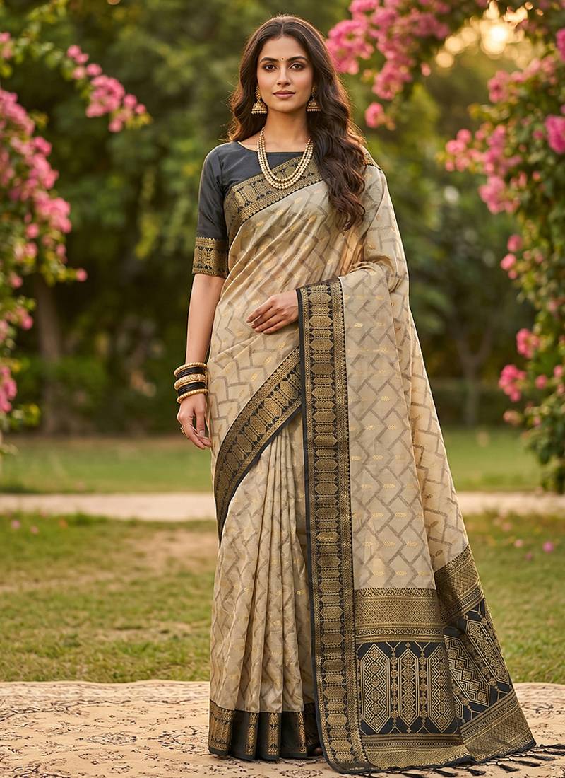 Beige cotton-silk blend saree with contrast black zari border