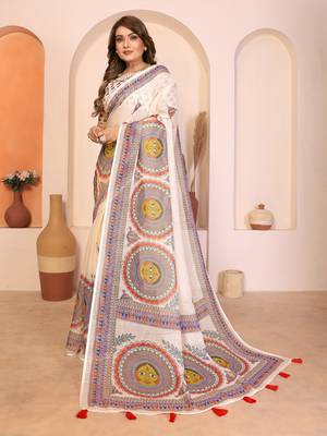 Soft linen cotton printed saree
with cotton tassles on pallu 
matching blouse 2