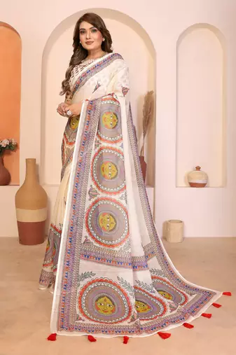 Soft linen cotton printed saree
with cotton tassles on pallu 
matching blouse