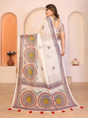 Soft linen cotton printed saree
with cotton tassles on pallu 
matching blouse 3