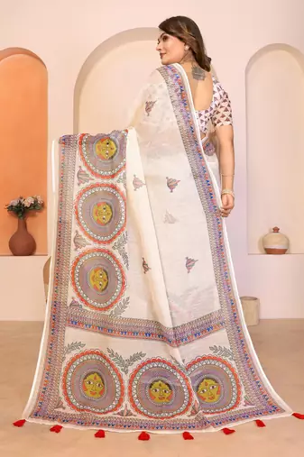 Soft linen cotton printed saree
with cotton tassles on pallu 
matching blouse