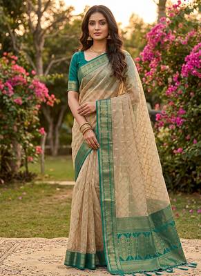 Beige cotton-silk blend saree with contrast rama green zari border 1
