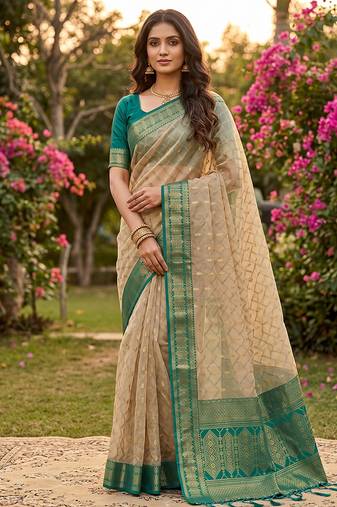 Beige cotton-silk blend saree with contrast rama green zari border