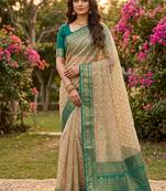Beige cotton-silk blend saree with contrast rama green zari border