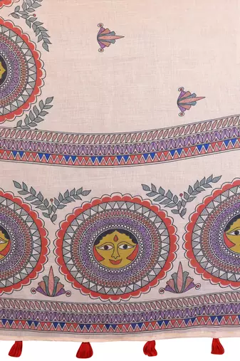 Soft linen cotton printed saree
with cotton tassles on pallu 
matching blouse