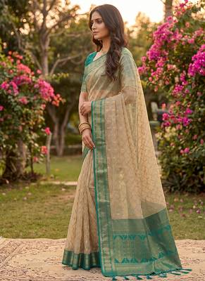 Beige cotton-silk blend saree with contrast rama green zari border 3