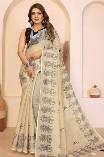 Soft linen cotton printed saree
with cotton tassles on pallu 
matching blouse