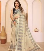 Soft linen cotton printed saree
with cotton tassles on pallu 
matching blouse