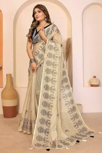 Soft linen cotton printed saree
with cotton tassles on pallu 
matching blouse