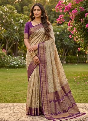 Beige cotton-silk blend saree with contrast purple zari border 1