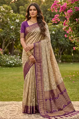 Beige cotton-silk blend saree with contrast purple zari border
