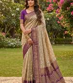 Beige cotton-silk blend saree with contrast purple zari border