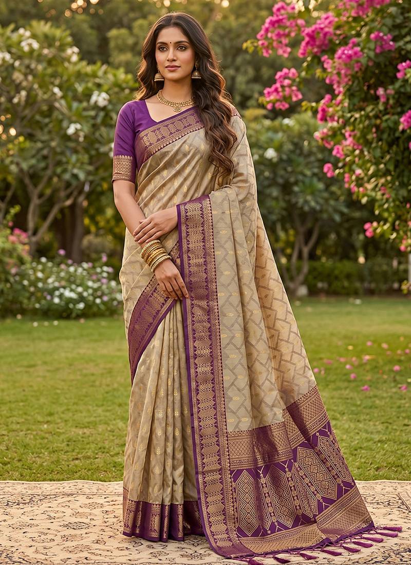 Beige cotton-silk blend saree with contrast purple zari border