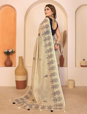 Soft linen cotton printed saree
with cotton tassles on pallu 
matching blouse 3