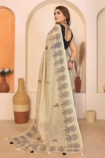 Soft linen cotton printed saree
with cotton tassles on pallu 
matching blouse