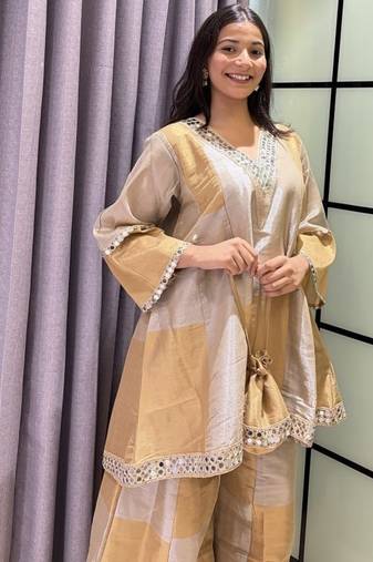 grey color cording embroidery and mirror work tissue lace border