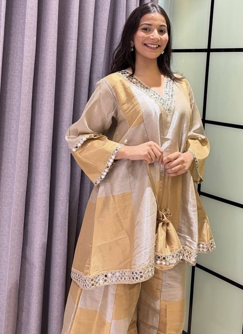 grey color cording embroidery and mirror work tissue lace border