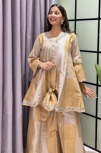 grey color cording embroidery and mirror work tissue lace border