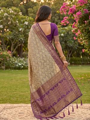 Beige cotton-silk blend saree with contrast purple zari border 2