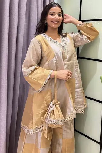 grey color cording embroidery and mirror work tissue lace border