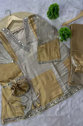 grey color cording embroidery and mirror work tissue lace border