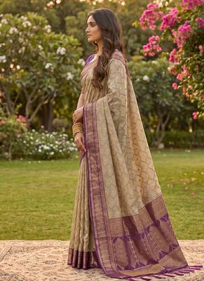 Beige cotton-silk blend saree with contrast purple zari border 3