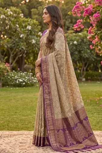 Beige cotton-silk blend saree with contrast purple zari border