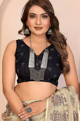 Soft linen cotton printed saree
with cotton tassles on pallu 
matching blouse