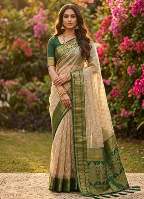 Beige cotton-silk blend saree with contrast dark green zari border 1